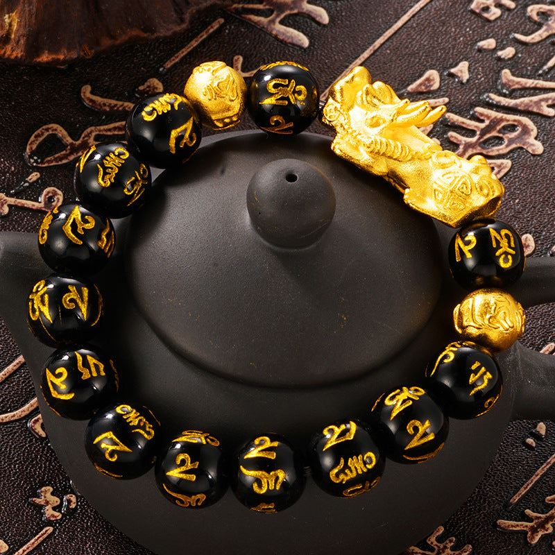 Six-Character Mantra Buddhist Bead Bracelet with Tiger's Eye and Black Obsidian, Gold-Plated Dual Pixiu Bracelet for Men