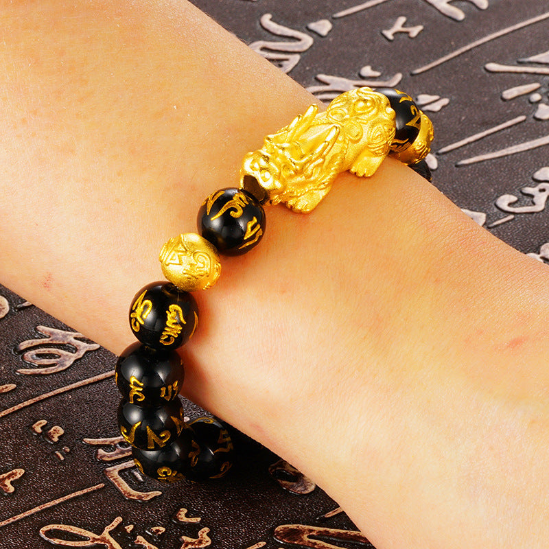 Six-Character Mantra Buddhist Bead Bracelet with Tiger's Eye and Black Obsidian, Gold-Plated Dual Pixiu Bracelet for Men