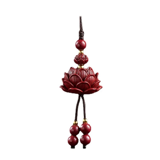 Handmade Natural Cinnabar Lotus Car Keychain Chinese Style Lucky Phone Chain Bag Pendant